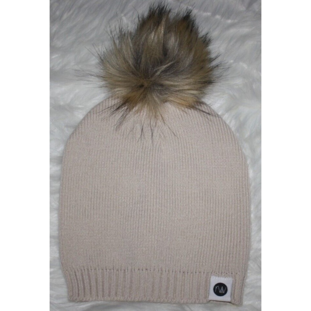 Womens Fur Pom Pom RW Beanie  Tan Knit Ski Knit Cap Hats Winter Outdoor New